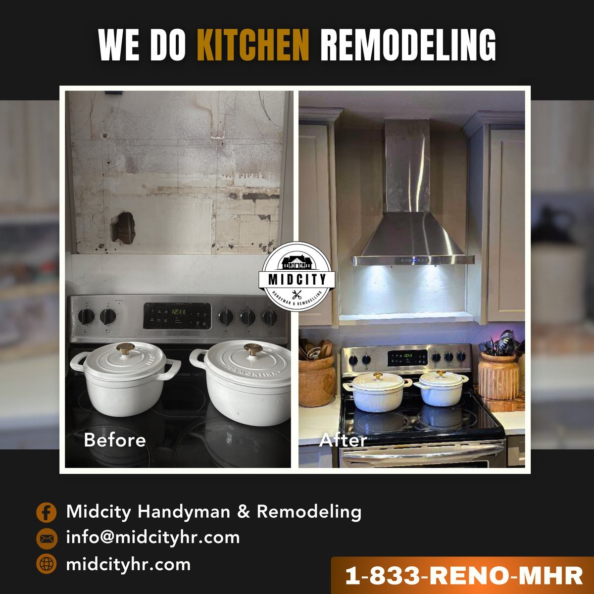 Before and after kitchen remodeling by Midcity Handyman & Remodeling, old range wall rebuilt with white cabinets and a stainless hood